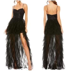 Mac Duggal NWT Black Sequin A-Line Dress with High-Low Ruffle Skirt Size 6